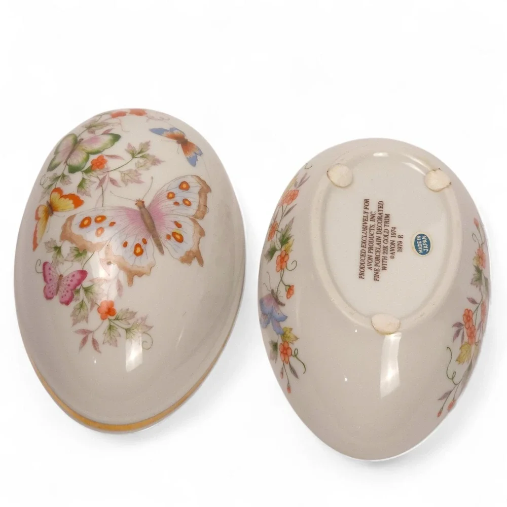 Vintage Avon Porcelain Egg Trinket Box Butterfly Fantasy 1979 Japan 22K Gold...